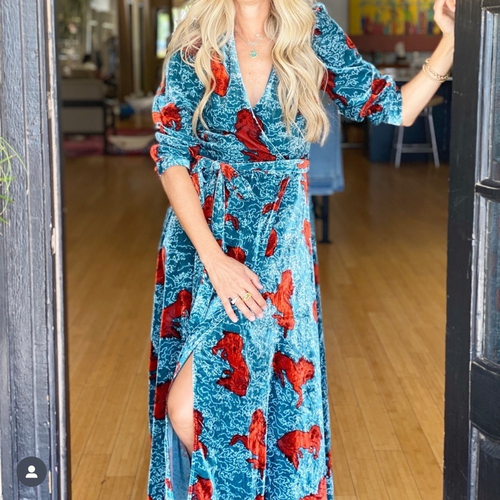 RHODE Blue Plunge Neck Sundress with Cuffed Sleeves